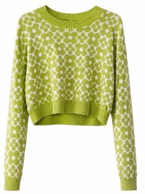 Hollister Floral Cropped Sweater Small Lime Green Crewneck Knit